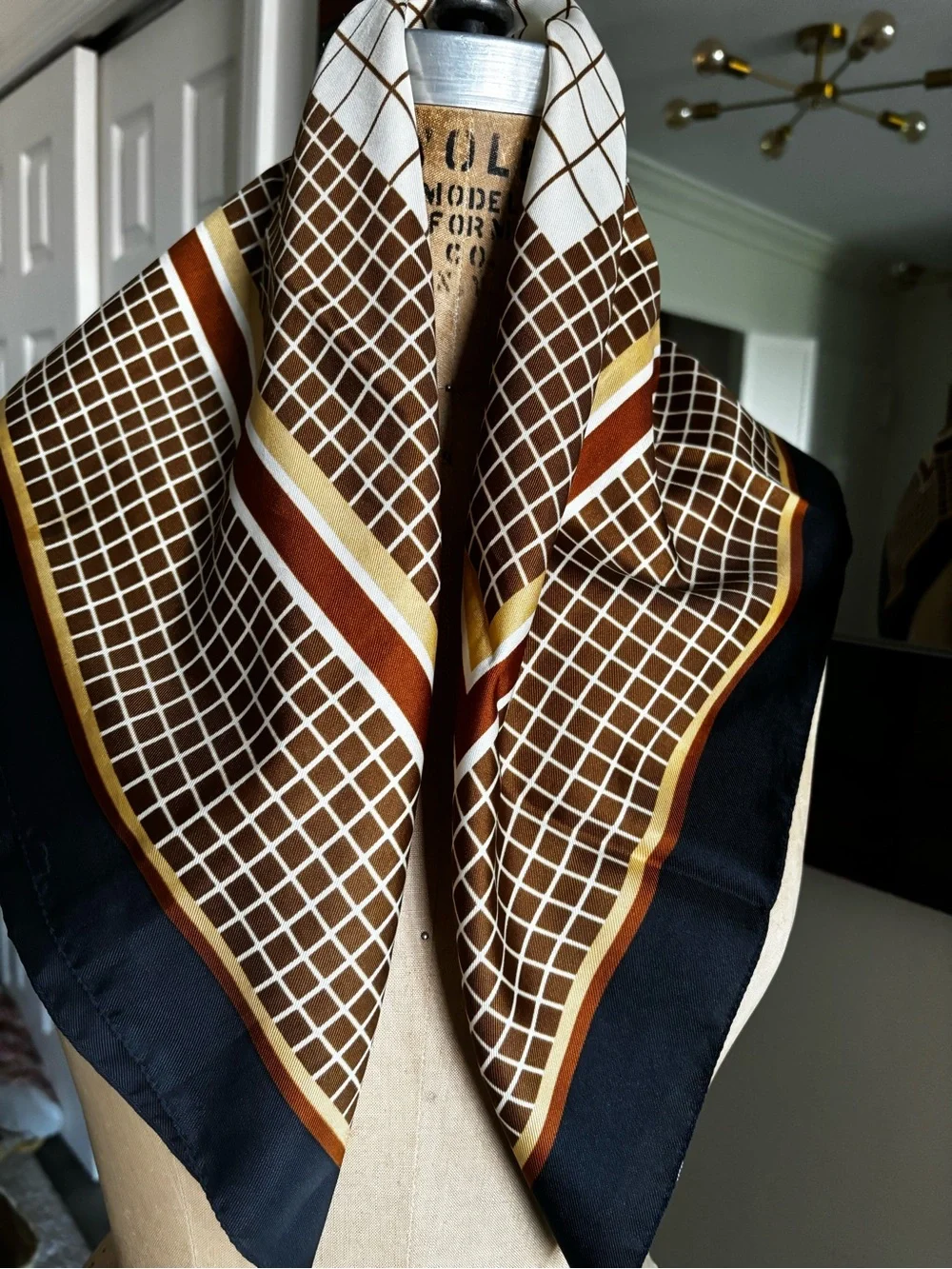 Silk-Feel Brown and Black Geometric Scarf